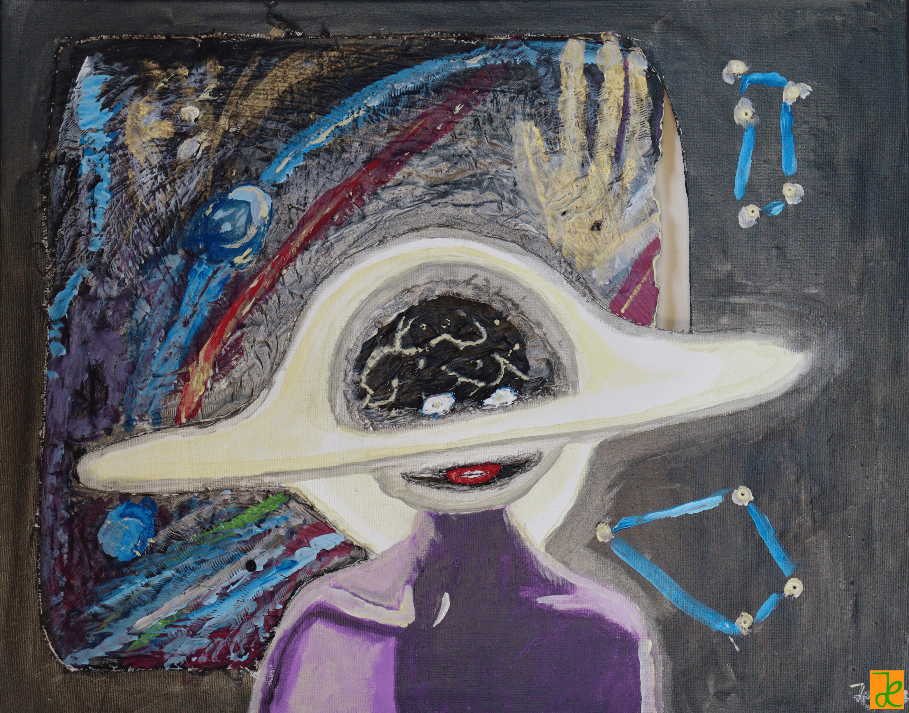 Werk - Apollo - Alien Apollo-Alien, Gipsrelief auf Leinwand mit abstrahierter Figur, hellem Ringobjekt und dunklem Bildraum